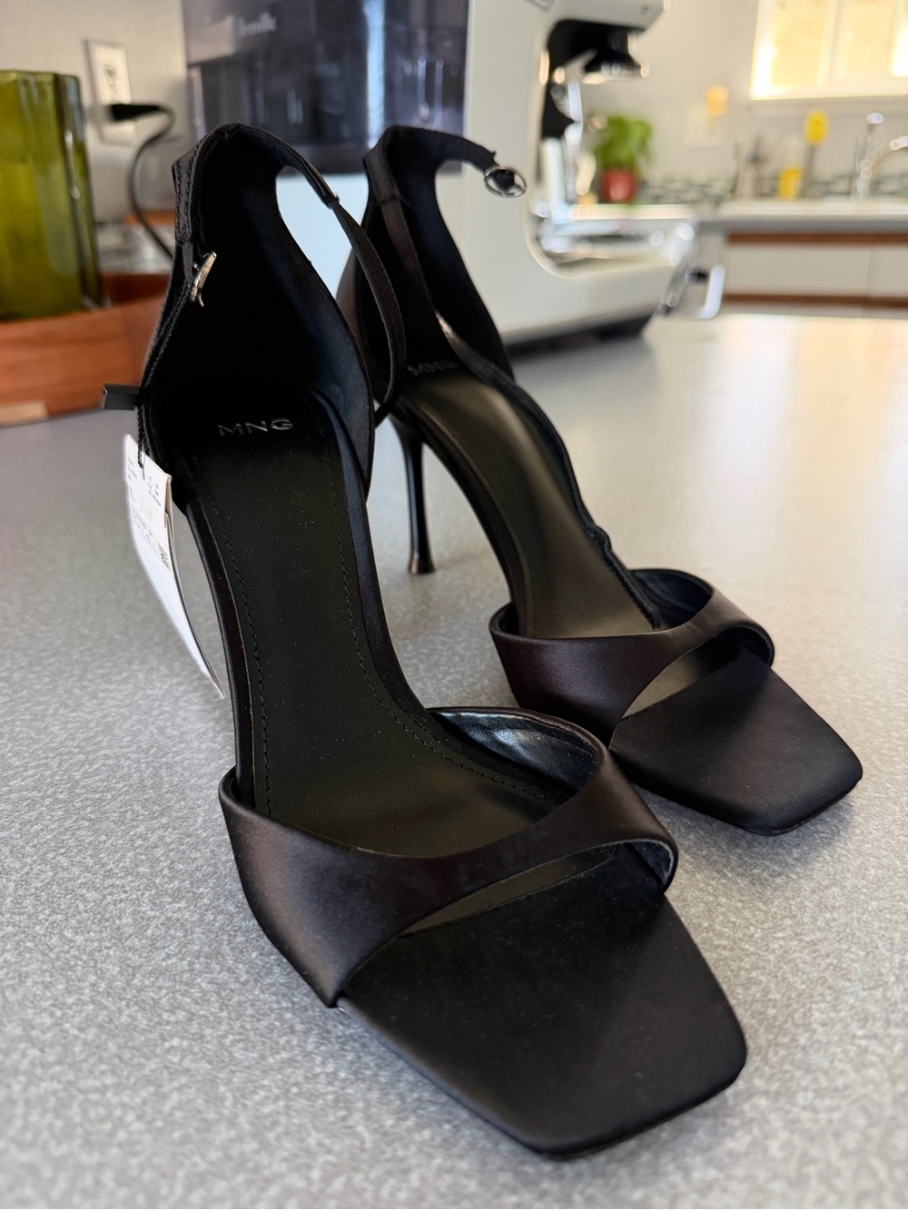 Mango Black Satin Ankle-Strap Stiletto Heels